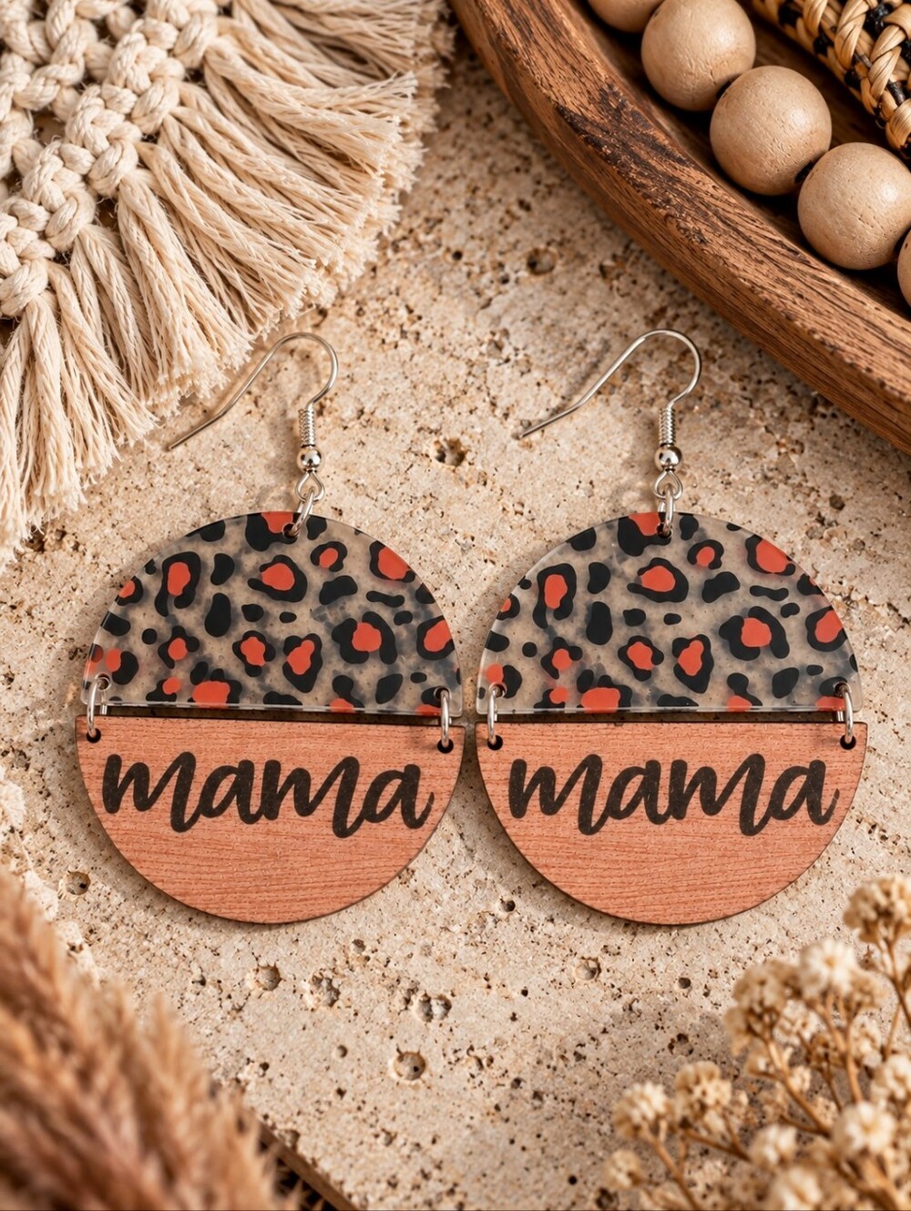 Leopard Print MAMA Wood Dangle Earrings Boho Mom Gift Statement Jewelry